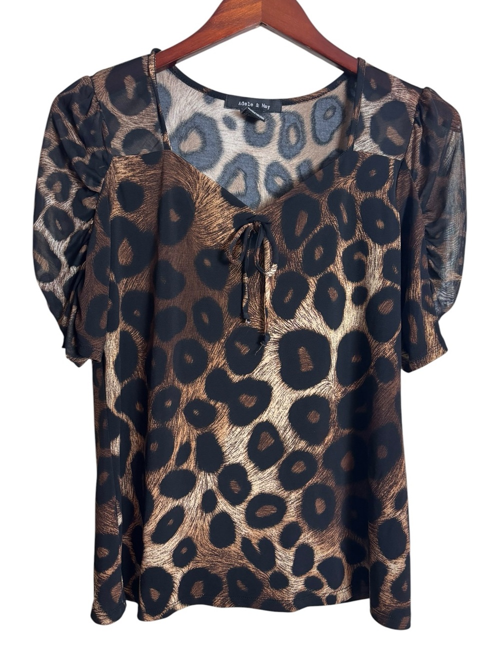 Adele & May Leopard Cheetah Print Sheer Short Sleeve Blouse Top Sheer Bow Small